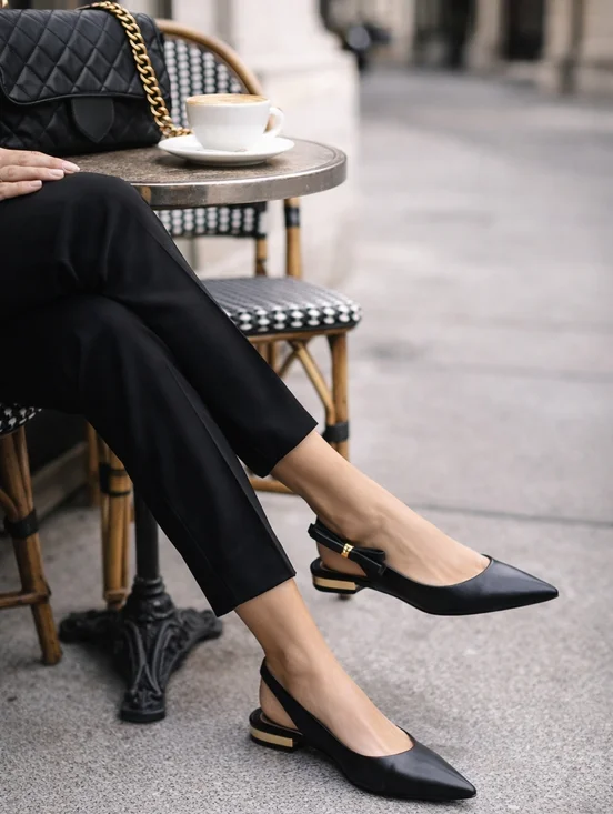 Ted Baker JANE Bow Slingback Flats Black Leather Pointed Toe Gold Detail Minimal - Picture 3 of 3